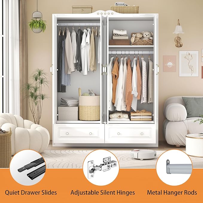 Wardrobe Closet for Hanging Clothes: Armoire Wardrobe Closet with Drawers, Bedroom Armoires with Doors and Shelves, Modern Clothing Cabinet with Hanging Rod (White, 59")