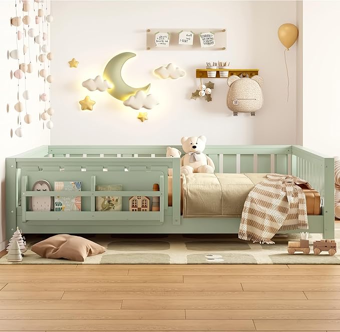 Bellemave Full Size Floor Bed with Slats and Safety Guardrail, Full Size Montessori Floor Bed with Fence and Built-in Bookshelf, Easy Assemble Montessori Beds for Kids, Girls, Boys, Green