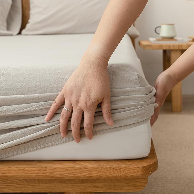 BESTOUCH Sheet Set 100% Washed Cotton Linen Feel Super Soft Comfortable Chic Lightweight 4 Pcs Home Bedding Set Solid Linen Grey Cal King