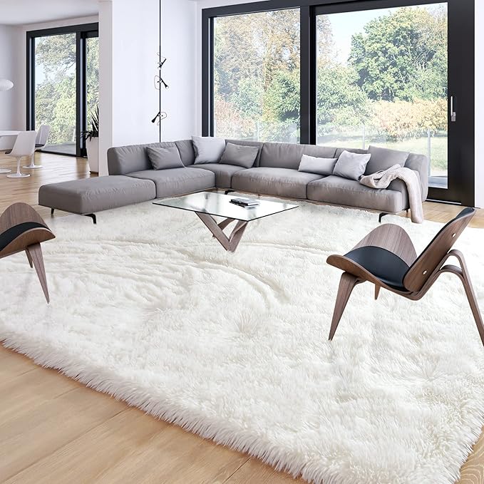 Merelax Soft Modern Indoor Large Shaggy Rug for Livingroom Bedroom Dorm Kids Room Home Decorative, Non-Slip Plush Fluffy Furry Fur Area Rugs Comfy Nursery Accent Floor Carpet 8x10 Feet, Ivory
