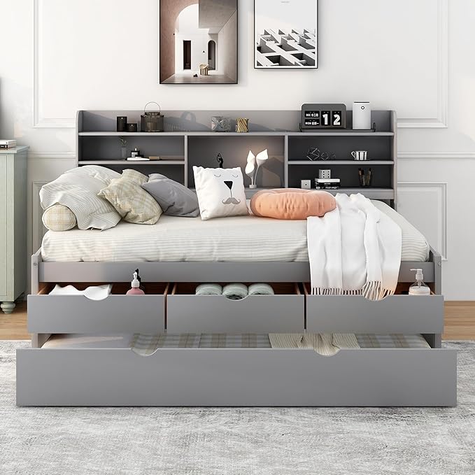 Harper & Bright Designs Full Size Captain Bed with Built-in Bookshelves/3 Storage Drawers/Trundle, Wooden Full Daybed Bed Frame for Kids Teens Dorm Bedroom Multipurpose Guest Room, Light Grey