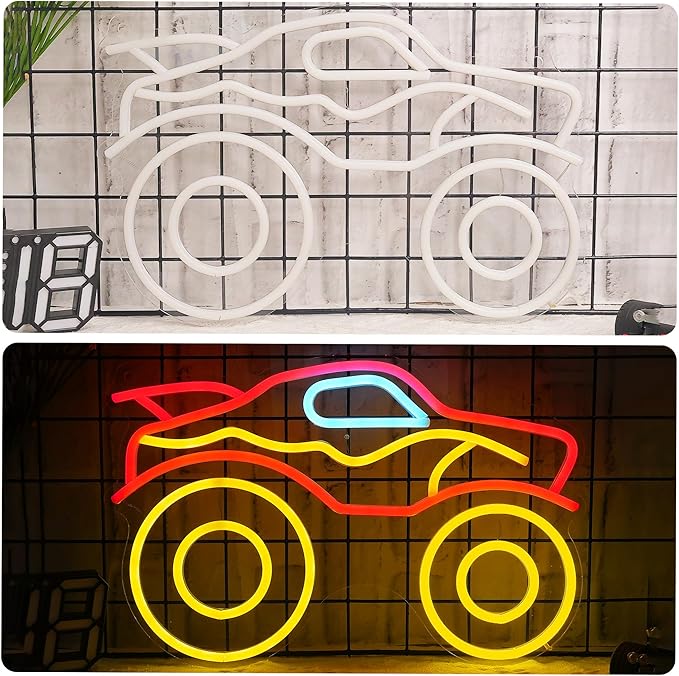 Monster Truck Neon Light, Dimmable LED Truck Neon Wall Sign USB Powered with 4-Color Lights, for Bedroom Living Room Game Room Man Cave Home Birthday Gift for Boys Men