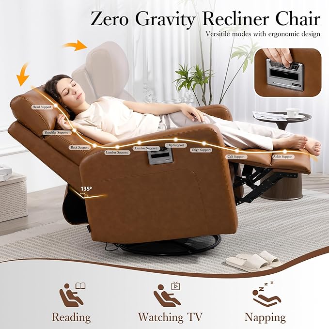 Genuine Leather Power Swivel Recliner Chair, Glider Electric Rocking Chair for Adults. Nursery Rocker Sofa Chair with Adjustable Headrest for Living Room. Wireless Charging/Type-C&USB, Brown