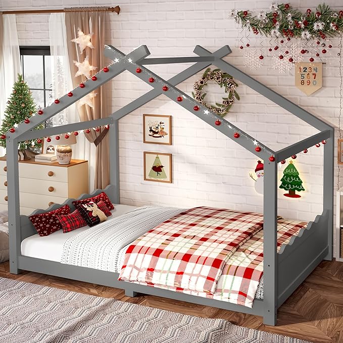 Full Size Wooden House Floor Bed - Kids Bed Frame with Roof & Support Slats for Bedroom, No Box Spring Needed, Easy Assembly (Grey)