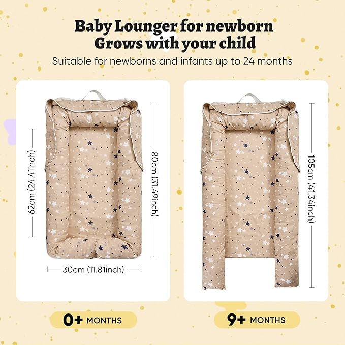 Miereirl Baby Lounger for Newborn, Dock A Tot & Baby Lounger Pillow with Soft Cotton, Infant Lounger for 0-24 Months, Baby Nest Lounger, Essentials Gifts Nest Cover - Star