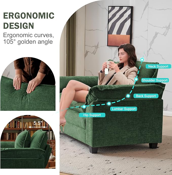 CDCASA Oversized Accent Chair, Chenille Comfy Cloud Sofa Chair with Large Seat and Upholstered Armrests, Modern Extra Wide Armchair Reading Chairs for Bedroom, Living Room,Set of 2,Green