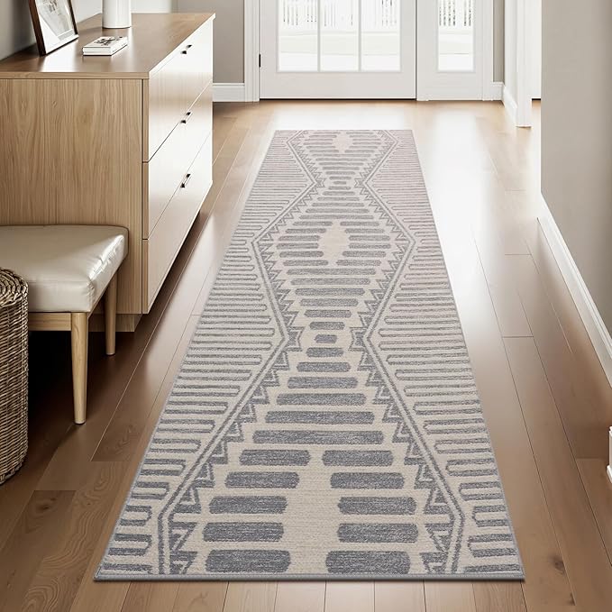 Silver Grey Boho 2x8 ft Runner Textured Tufted Rugs for Hallway Kitchen Bedroom Entryway Long Non Slip-Carpet Washable Neutral Modern Geometric Moroccan Aztec Rug
