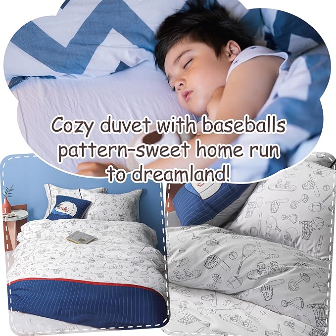 Simple&Opulence 100% Organic Cotton Duvet Cover for Kids Teens, 3 Pieces Soft Comforter Cover with Zipper Closure Cool Boy Girl Baseball Bedding Set - Sports, Twin