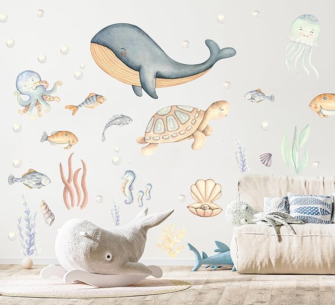 Under The Sea Wall Decals – Sea Life Stickers, Removable Wall Stickers, Watercolor Ocean Animals, Peel & Stick, for Nursery Baby Kids Bedroom Bathroom, Small Set (35" W x 22" H) 50 Pcs
