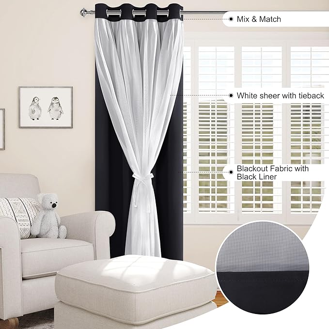 XWZO 100% Blackout Double Layer Curtains, Blackout Curtains with Sheer Overlay for Living Room, Bedroom, Grommet Thermal Insulated Privacy Curtains with Tiebacks, 2 Panels, 70x84, Black