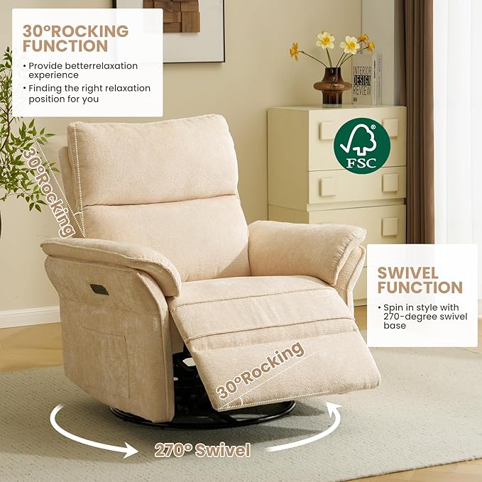 Oversized Power Recliner Chair Swivel Glider with Massage and Heat, Rocker Nursery Recliner for Adults with Adjustable Headrest, 26" Extra Wide Nursery Chair with Overstuffed Armrest,Beige