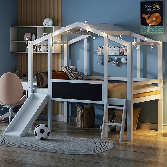 Play Fun Design Twin Size Loft Bed with Ladder and Slide for Kids Boys Girls, Solid Wood House Loft Bed Frame with Blackboard and Light Strip on The Roof, Sturdy Slat Support (White-6)