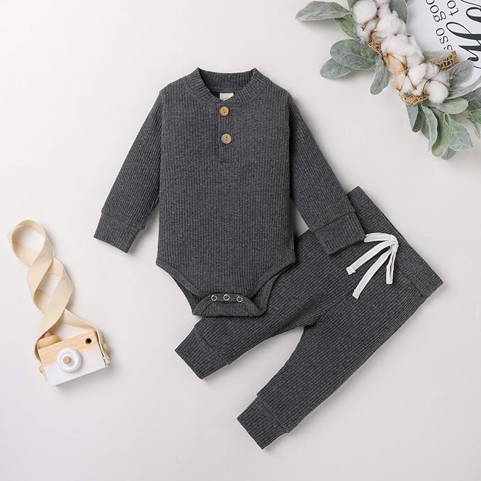Newborn Baby Boy Girl Clothes Ribbed Knitted Cotton Long Sleeve Romper Long Pants Solid Color Fall Winter Outfits