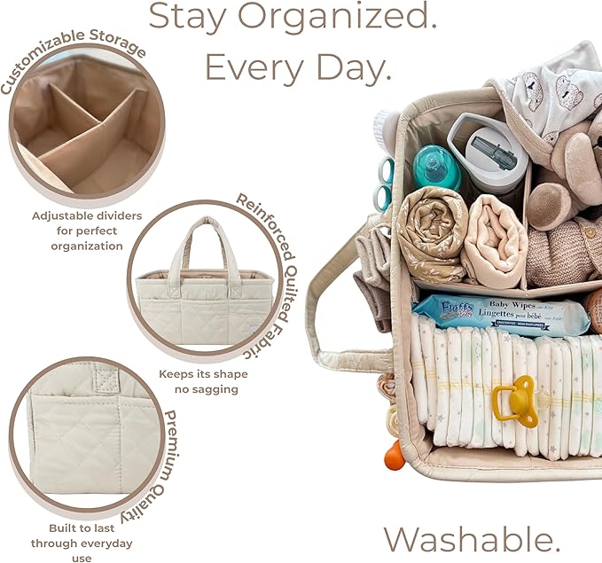 Adonia & Co Diaper Caddy Organizer – Large Nursery Storage Basket for Newborn Essentials – Portable & Machine Washable (Beige)