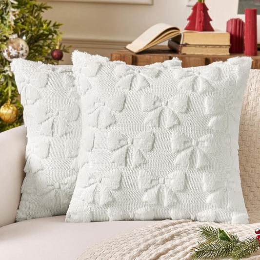 MIULEE Pure White Bow Pillow Covers Christmas Coquette Room Decor Aesthetic Set of 2 Decorative Cute Girl Throw Pillow Soft Plush Faux Pillowcase for Girl Bed Couch Sofa,20x20 Inch