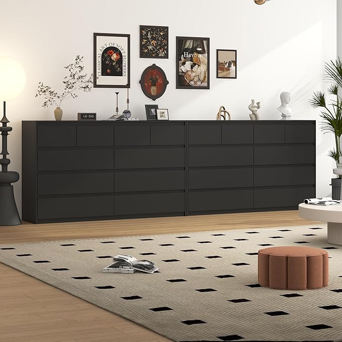 Black Malm Dresser for Bedroom, 55" Wide 37" Tall Dresser with 10 Drawers, Modern Large Wood Chest of Drawer Handle Free, Living Room, Entryway, Hallway, Black