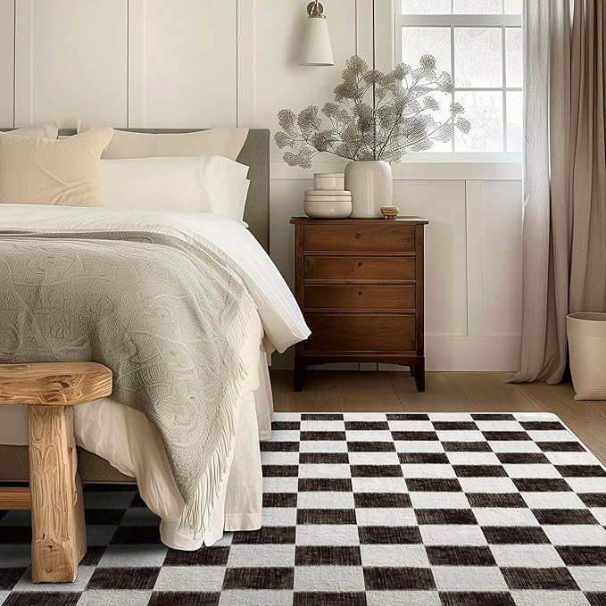 EverGrace Checkered Plaid Area Rug 6x9, Soft Faux Wool Rugs Washable Anti Slip Rugs Large Rug Carpet for Entryway Bedroom Living Room Hallway Kitchen and Laundry Room, Black and White