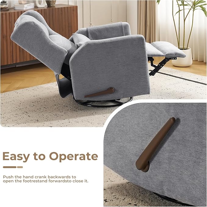 Swivel Rocker Recliner Chair,Comfy Glider Rocker Recliner with Adjustable Headrest,Rocking Chair Nursery for Living Room & Bedroom,Chenille,Grey