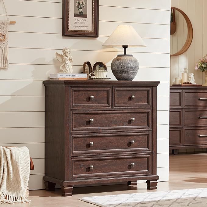 Farmhouse 5 Drawer Dresser Set of 2, 32.6 Inch Tall Vintage Chest of Drawers for Bedroom, Rustic Small Dressers w/Square Solid Wood Legs, Mid Century Storage Organizer for Hallway, Walnut