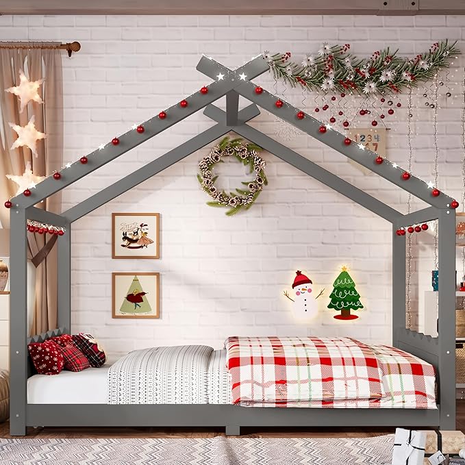 Full Size Wooden House Floor Bed - Kids Bed Frame with Roof & Support Slats for Bedroom, No Box Spring Needed, Easy Assembly (Grey)