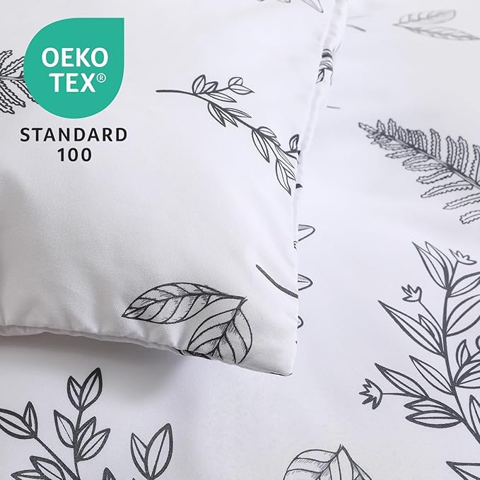 MUXHOMO Duvet Cover Queen Size, Reversible Floral White Duvet Cover Set with Zipper Closure, 3 Pieces Botanical Patterns Soft Microfiber Bedding Set with 4 Ties (90"x90", 2 Pillow Cases)