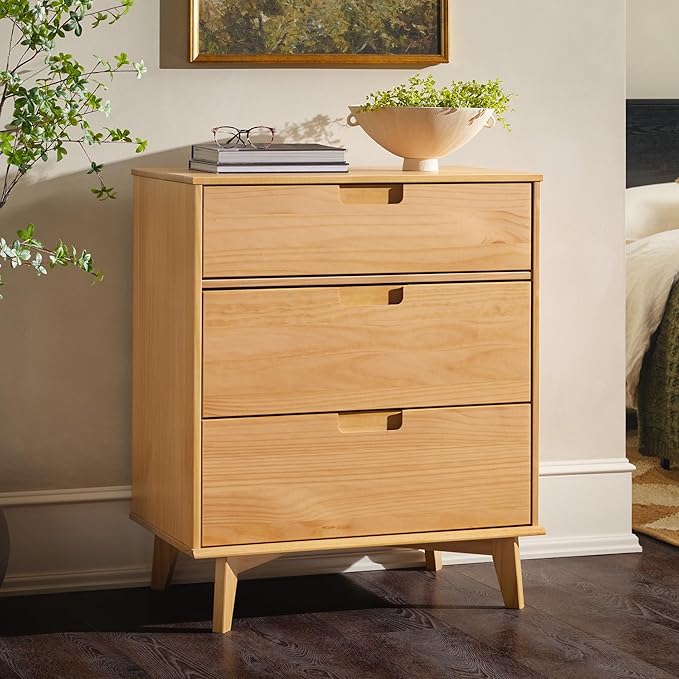 Walker Edison Sloane 3-Drawer Groove Handle Solid Pine Wood Dresser, 36 Inch, Natural Pine