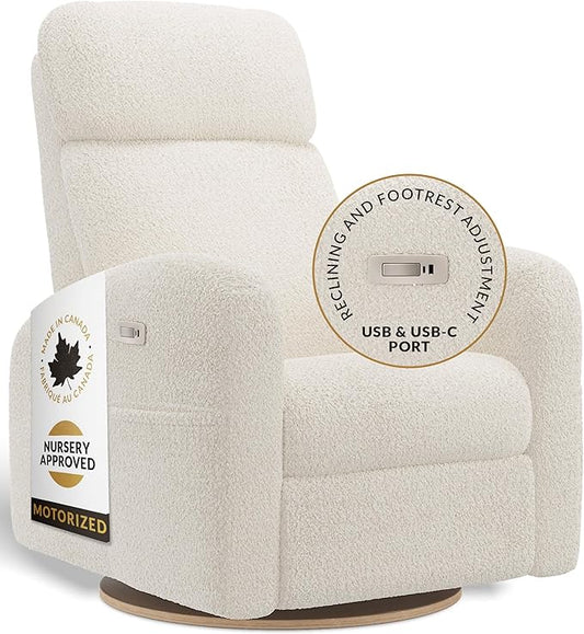 Jaymar Hailey Modern Nursery Glider Recliner Chair (Motorized) – Cozy Nursing Chair with 180° Swivel for New Parents, High Back & Low Armrests, Adjustable headrest, Canadian Made (Puppy Pearl)