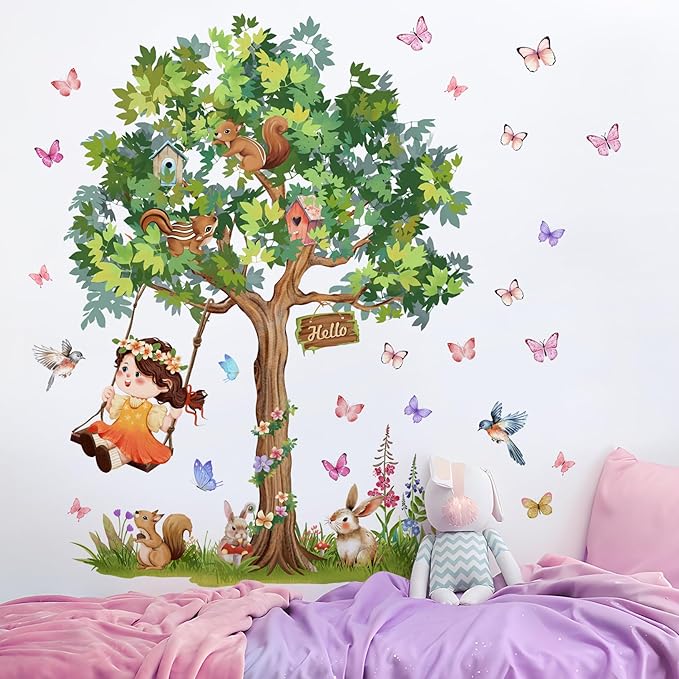 Amaonm Large Whimsical Tree Wall Decal with Woodland Animals, Birds, and Butterflies, Watercolor Green Tree Wall Sticker Decor for Girls Kids Bedroom Living Room Nursery Decoration (A)