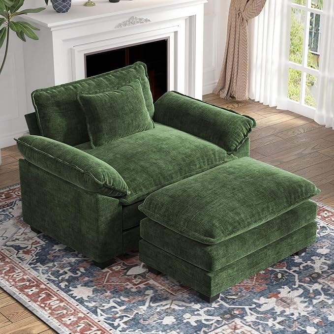 CDCASA Oversized Accent Chair with Ottoman, Chenille Comfy Cloud Sofa Chair with Large Seat and Upholstered Armrests, Modern Extra Wide Armchair Reading Chairs for Bedroom, Living Room,Green