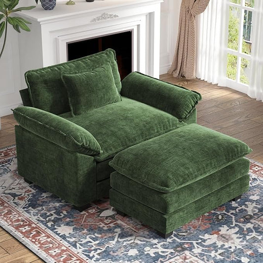 CDCASA Oversized Accent Chair with Ottoman, Chenille Comfy Cloud Sofa Chair with Large Seat and Upholstered Armrests, Modern Extra Wide Armchair Reading Chairs for Bedroom, Living Room,Green