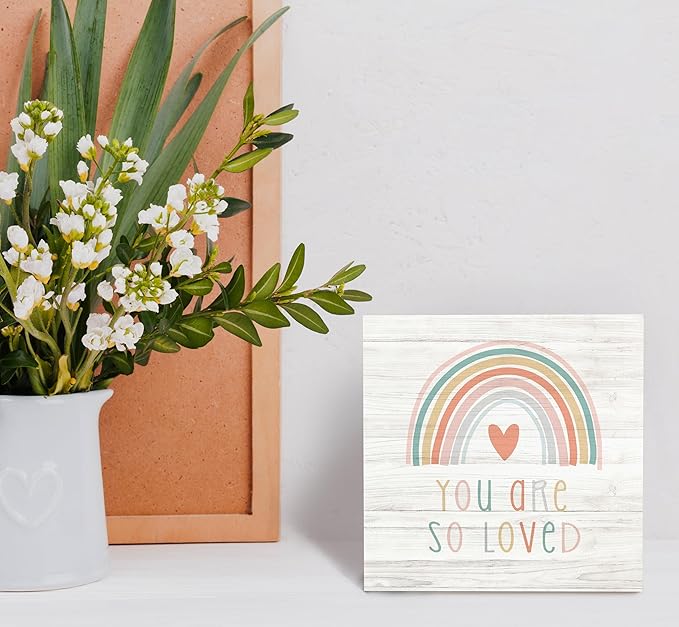 SRADMO You Are So Loved Rainbow Heart Wood Box Sign Desk Decor, Kids Inspirational Quotes Wooden Block Box Sign Decoration For Nursery Playroom Kids Room Shelf Table Decor