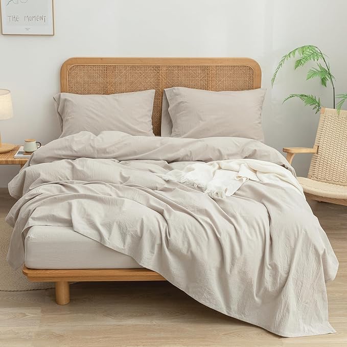 BESTOUCH Sheet Set 100% Washed Cotton Linen Feel Super Soft Comfortable Chic Lightweight 4 Pcs Home Bedding Set Solid Linen Grey Cal King
