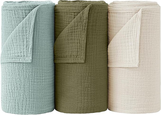 Bearmoss Muslin Swaddle Blankets, 40 x 38 inches Baby Swaddle for Boys and Girls, Soft Baby Blanket, 3 Pack Breathable Nursery Receiving Blankets (Grey Green)