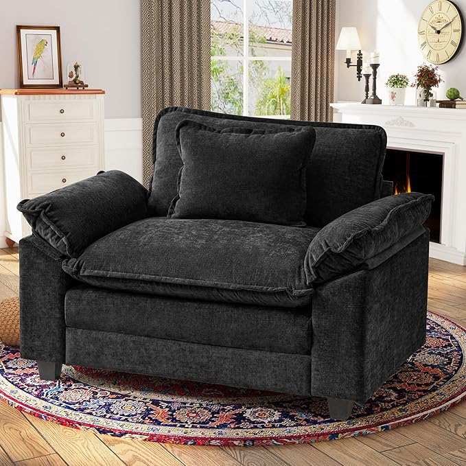 CDCASA Oversized Accent Chair, Chenille Comfy Cloud Sofa Chair with Large Seat and Upholstered Armrests, Modern Extra Wide Armchair Reading Chairs for Bedroom, Living Room,Black