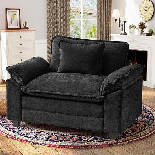 CDCASA Oversized Accent Chair, Chenille Comfy Cloud Sofa Chair with Large Seat and Upholstered Armrests, Modern Extra Wide Armchair Reading Chairs for Bedroom, Living Room,Black