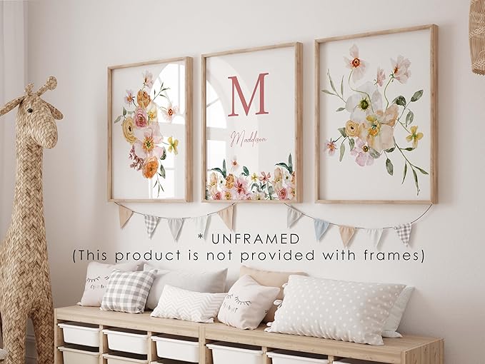 Personalized Name Flower Nursery Wall Art Prints, Crib & Nursery décor, Newborn Baby Girl Gift Present, Floral Baby Girl Room Pictures, Poster For Baby And Kids (3 Prints, Flower 8)