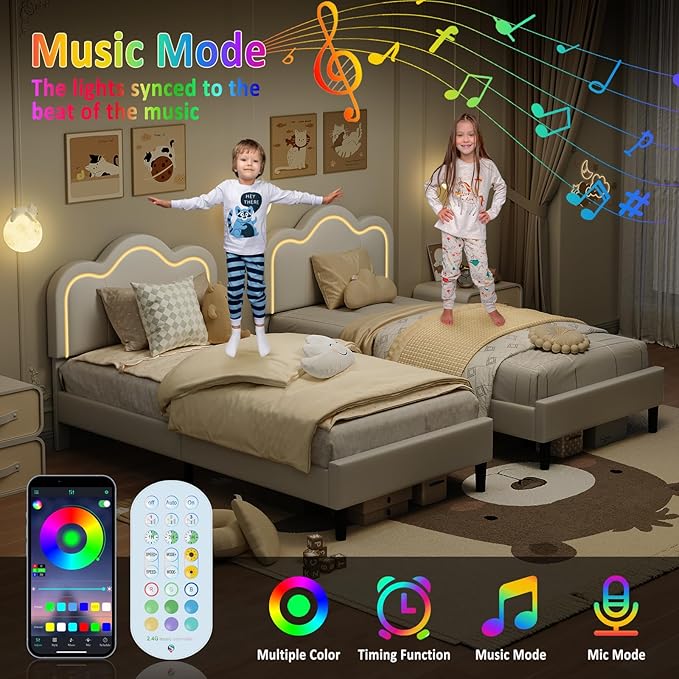 GarveeHome Twin Upholstered LED Bed Frame with Headboard, Faux Leather Princess Platform Bed Frame for Kids, Wooden Slats Support, No Box Spring Needed (Cream, Twin)