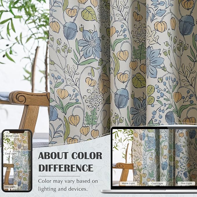 jinchan Nursery Curtains 95% Blackout Blue Floral Curtains for Kids Room, 63 Inch Length Farmhouse Drapes for Bedroom Living Room Darkening Window Treatment Grommet Top Set of 2 Panels