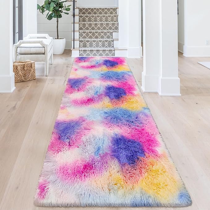 3x10 Hot Pink Runner Rainbow Rug for Girls Bedroom Bedside, Soft Fluffy Plush Runner Carpet Shag Kids Area Rug for Little Girls Room, Cute Colorful Princess Rug for Living Room Nursery Hallway