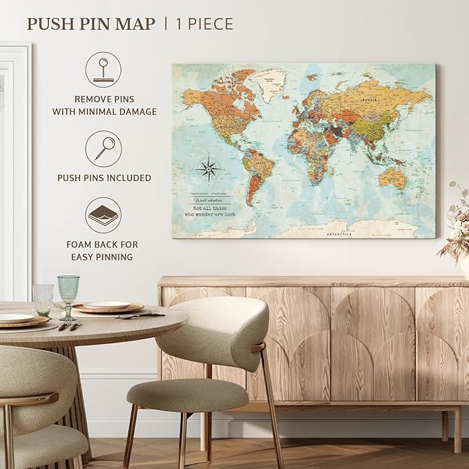 ElephantStock - Personalized Wanderer Push Pin World Map Wall Art - Horizontal Canvas Wall Art - Living Room Wall Decor - Digital Art Map Canvas Art - Orange And Blue Decor - 39" x 26"