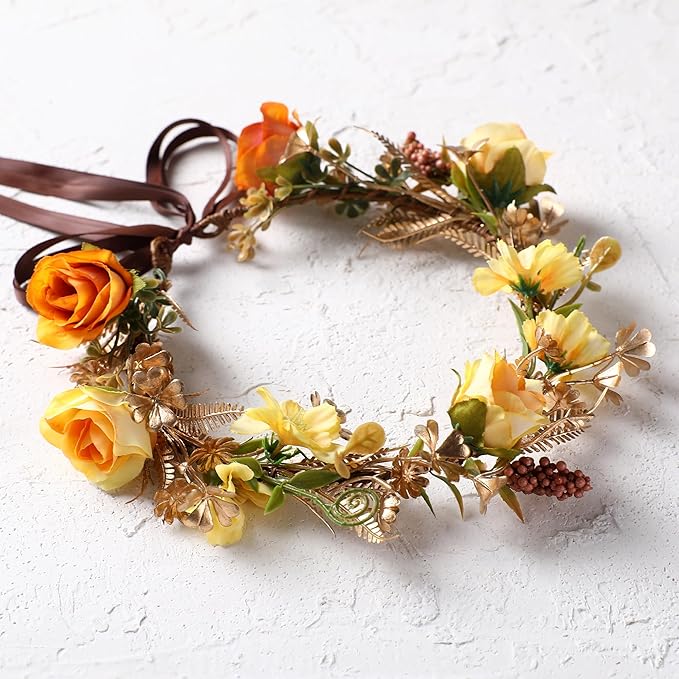 Fairy Rose Flower Crown - Golden Leaves Autumn Yellow Flower Headband Fashion Boho Bridal Floral Headpiece Women Girls Vacation Party Festival Photo Prop