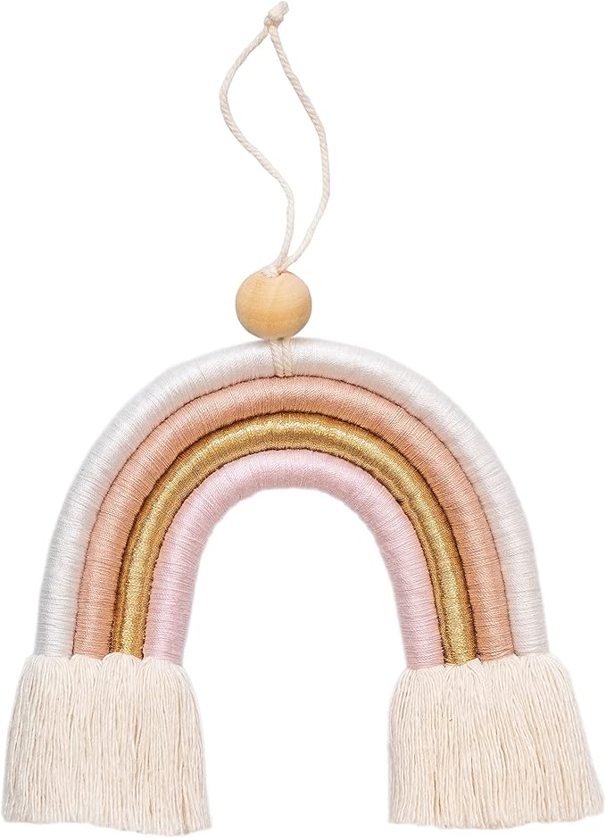 Mila Millie Macrame Wall Hanging | Handmade Woven Tassel Ornament for Home or Nursery Baby Kids Room Decor | Boho Nordic Scandinavian Style (Pink Gold)