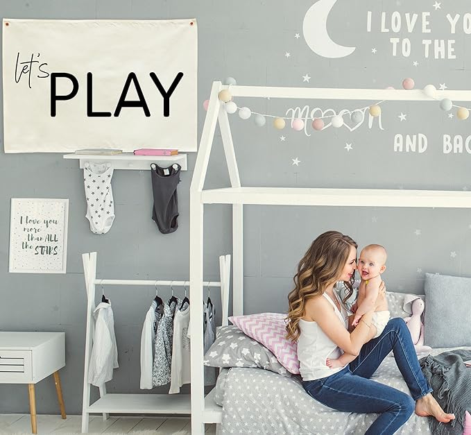 Let's Play-Playroom Rectangular Canvas Banner Flag Poster Wall Sign Decor for Boy Girl Kids Teen,Nursery Playroom Homeschool Baby Room Bedroom Home Dorm Decor-Baby Shower Birthday Christmas Gift