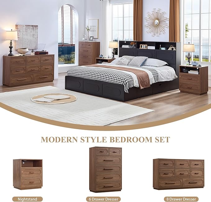 Walnut Night Stand Set of 2 with Charging Station, 25.8" Tall Wood End Table with 2 Storage Drawers and Open Shelf, Mid Century Modern Bedside Table for Bedroom, Living Room, Walnut