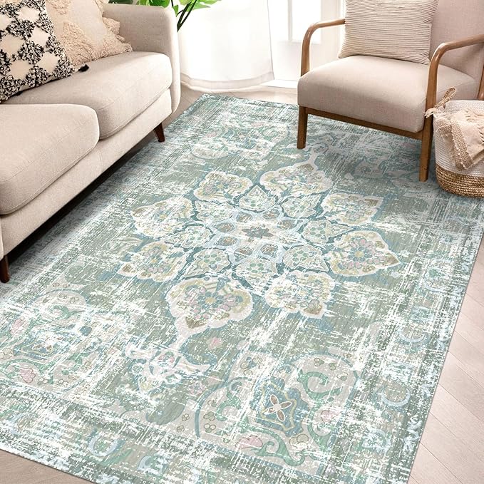 Vhong Washable Area Rugs Boho Vintage Neutral Modern Pale Green 4x6 Non Slip Small Carpet for Living Room Dining Room Bedroom Farmhouse