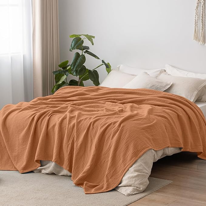 PHF 100% Cotton Muslin Blanket King Size 108"x90", 4-Layer Lightweight Gauze Throw, Breathable Cloud-Soft Minimalist Blanket for Bed, Couch, Camping & Baby, Caramel, Ideal Gift