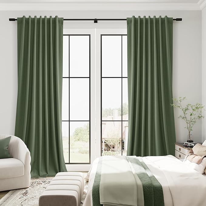 Guken Olive Green 100% Blackout Linen Textured Curtains 94 Inches Long 2 Panels Back Tab Hook Belt Country Farmhouse Room Darkening Thermal Insulated Noise Reducing Curtain Living Room Bedroom 52x94