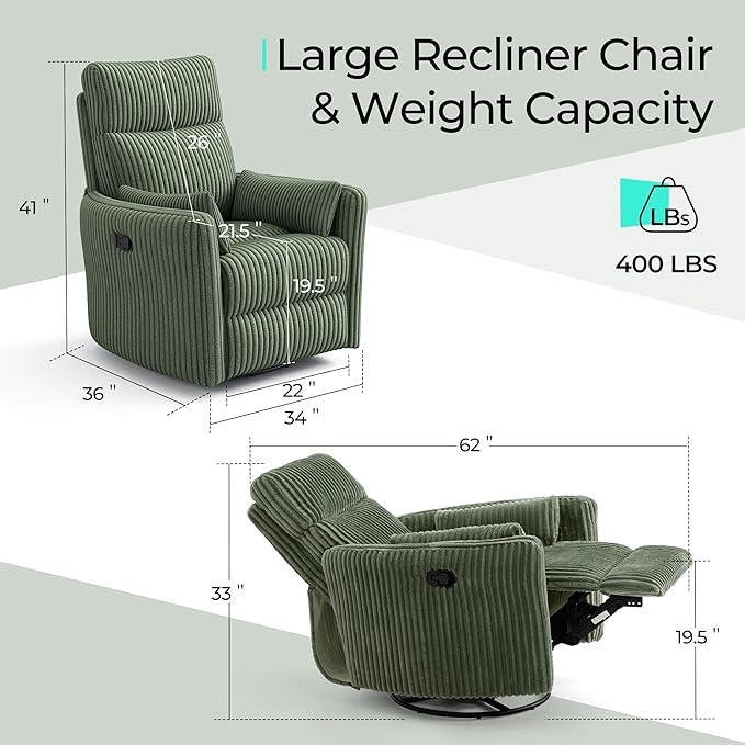 LINSY HOME 360 Swivel Nursery Rocking Chair with 2 Pillows, Corduroy High Back Adult Recliner for Small Spaces, Nursery Glider Rocker Chair, Bedroom Living Room Reclining Chairs (Green)