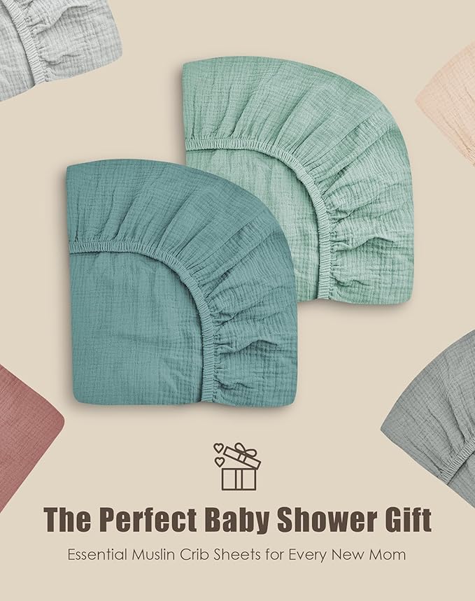 SWEET DOLPHIN 2-Pack Muslin Crib Sheets for Boys & Girls, Ultra Soft Breathable 40S Long-Staple Cotton Fitted Baby Sheets for Standard Crib Mattress 52"x28", Light Teal- Nursery Essentials
