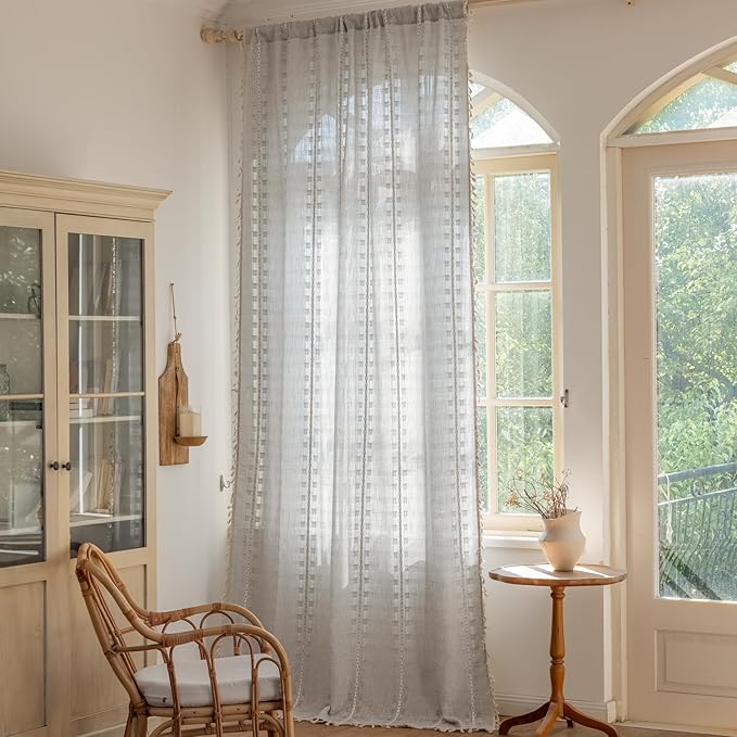 Deeprove Silver Grey Boho Curtain 63 inches Length for Living Room Bedroom Nursery, Retro Casual Bohemian Sheer 63 inches Long Stripe Embroidery Privacy Window Tassel Decor W52 x L63, 1 Panel